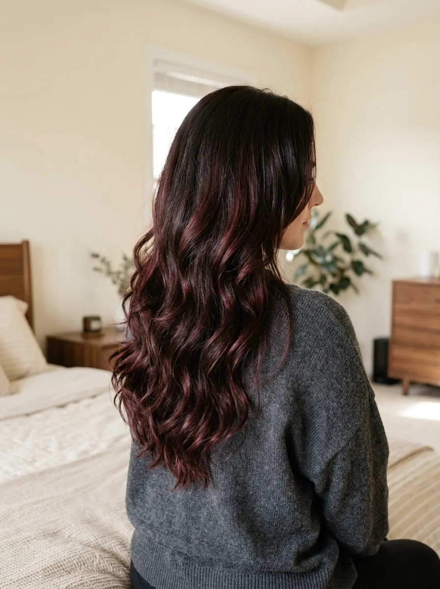 Cherry Cola Balayage on brunette hair with soft cherry ribbons sweeping through the ends