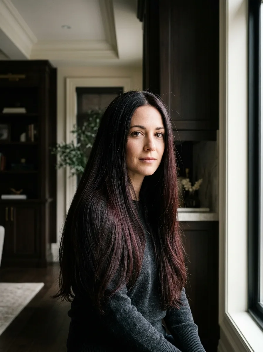 Woman with rich cherry cola brunette hair catching warm natural light