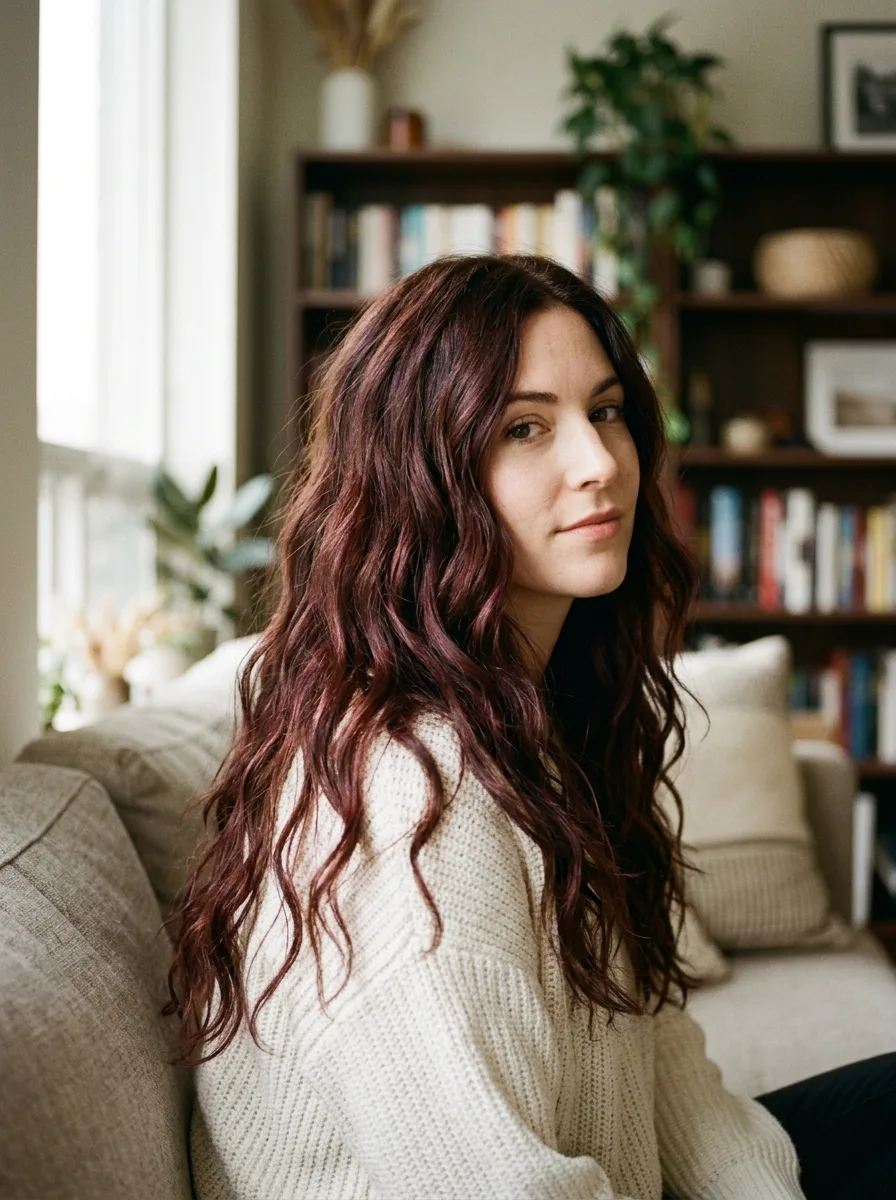 Cherry Cola Layered Lob haircut at collarbone length with soft red-brown ribbons