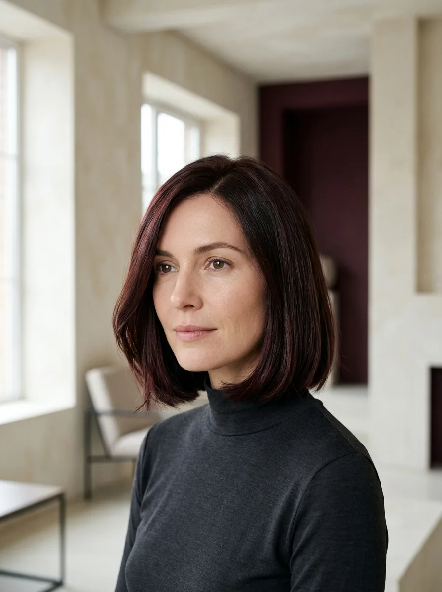Cherry Cola color on a long layered haircut showing dimension and natural movement