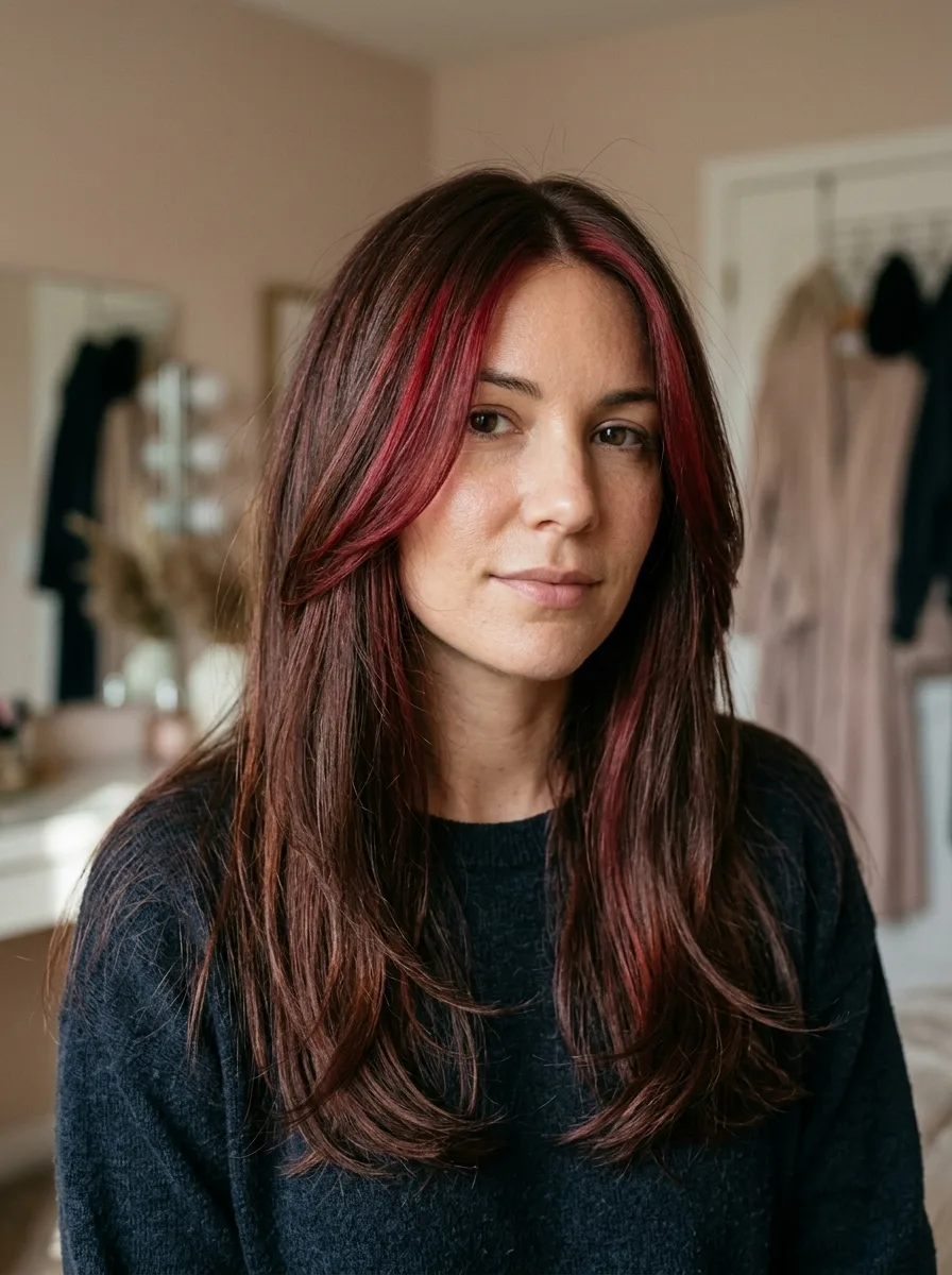 Chocolate Cherry Cola hair color with warm red-brown tones blended through mid-lengths