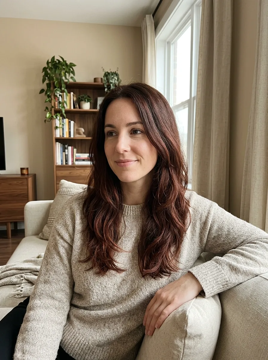 Classic Cherry Cola Brunette hair with deep brown foundation and soft wine-red dimension