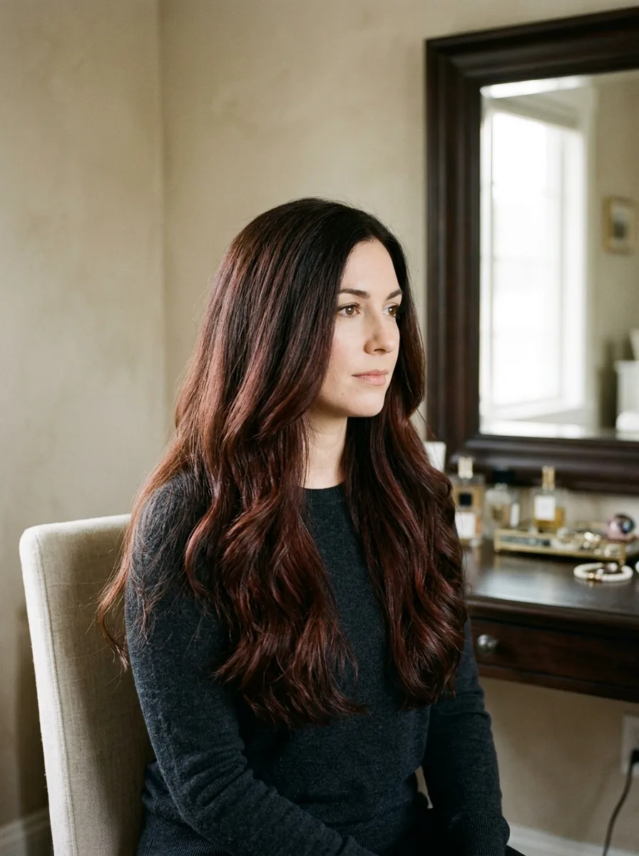 Curly Cherry Cola Brunette hair with defined ringlets reflecting dimensional cherry tones