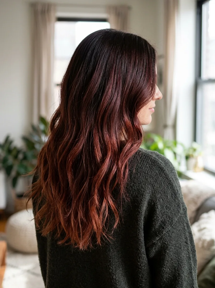Espresso Cherry Cola hair color featuring dark black-brown base with subtle wine undertones