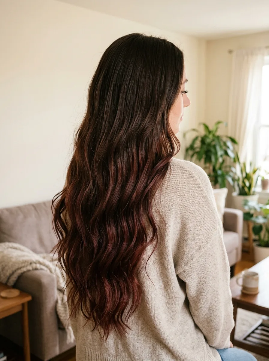 Glossy Straight Cherry Cola brunette hair with subtle reflective sheen and dimensional depth