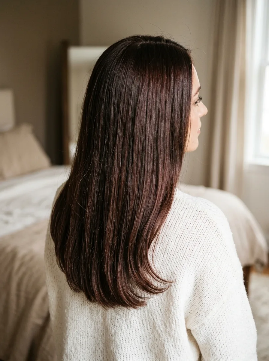 Lived-In Cherry Cola Brunette showing soft shadow roots and seamless dimensional color