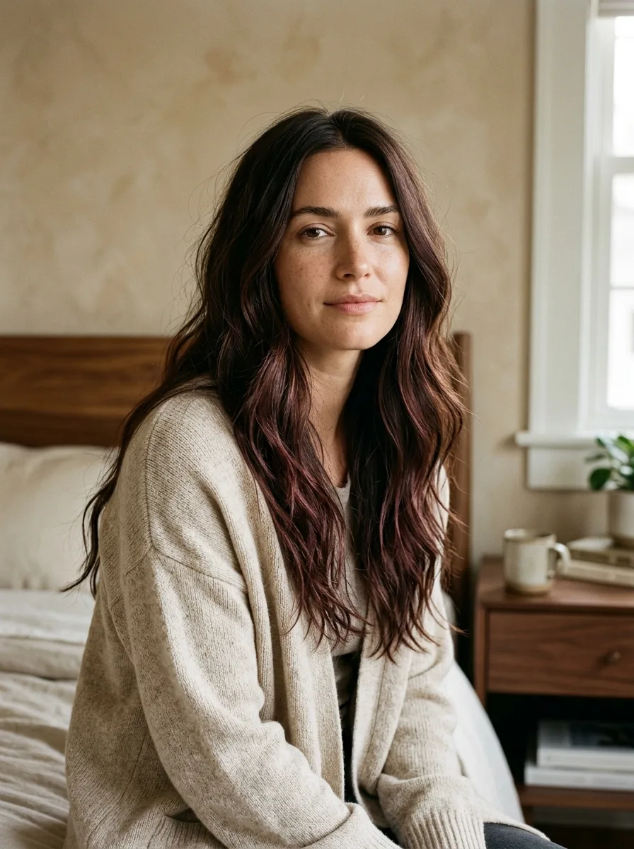 Plum Cherry Brunette hair with cool berry-wine undertones over a dark brunette base