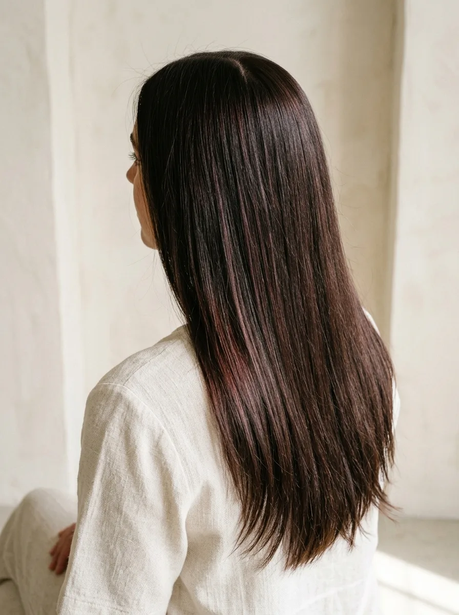 Rich Cherry Cola hair color on thick hair featuring multi-dimensional layers and depth