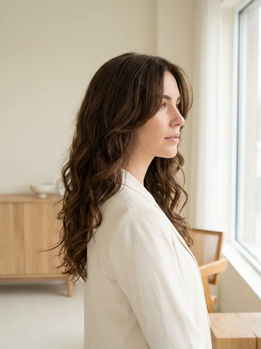 Woman with a voluminous curly butterfly cut showing bouncy natural layers
