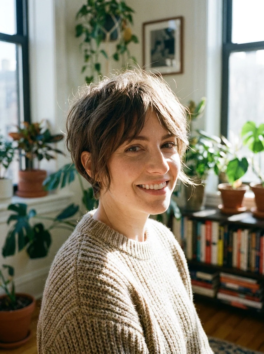 Woman with a softly textured brunette pixie cut and natural side fringe