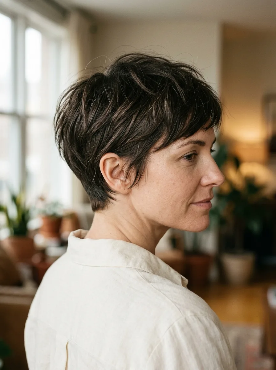 Layered Pixie cut with short sides and nape paired with longer textured crown pieces
