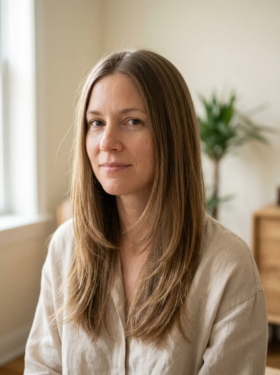 Fine hair cut with deliberate connected layers preserving density through the ends
