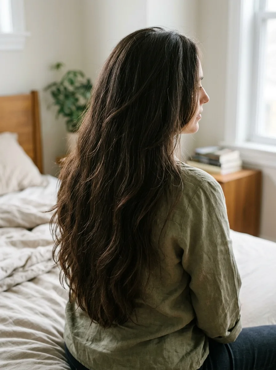 Thick hair balanced with long strategic layers distributing weight without thinning the ends