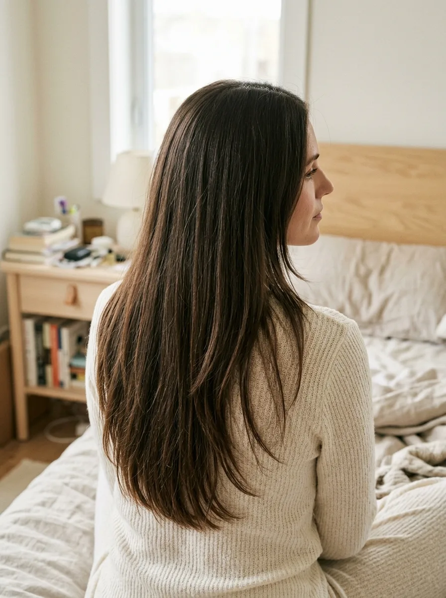 Long soft layered haircut showing subtle shape and flowing movement through the ends