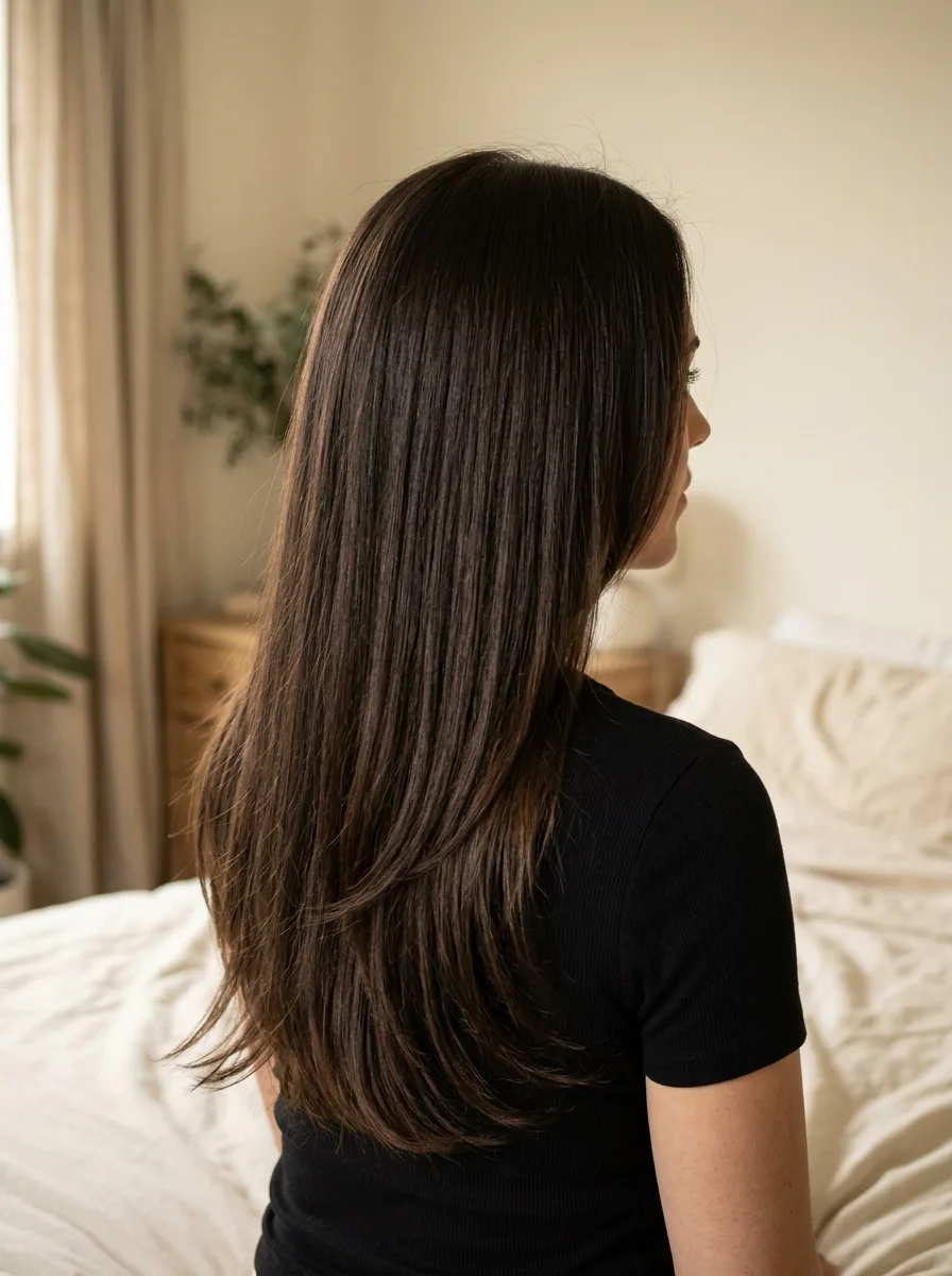 Straight hair cut with clean geometric long layers providing subtle lower movement