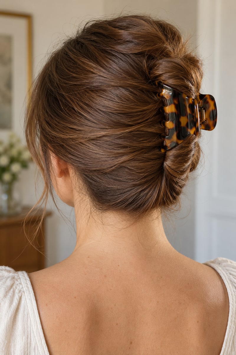 Chestnut-brown hair folded into a French twist and held with a tortoiseshell claw clip