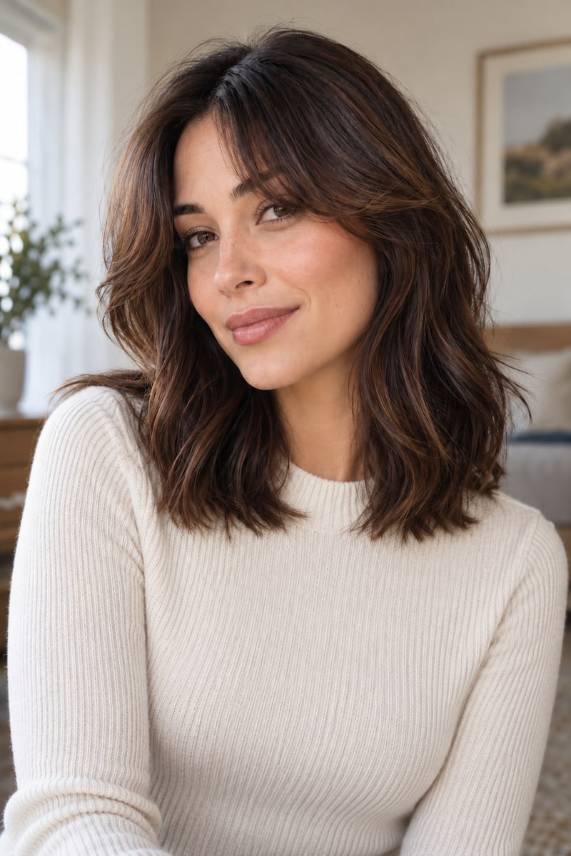 Woman with shoulder-length dark-brown hair and soft center-parted curtain bangs