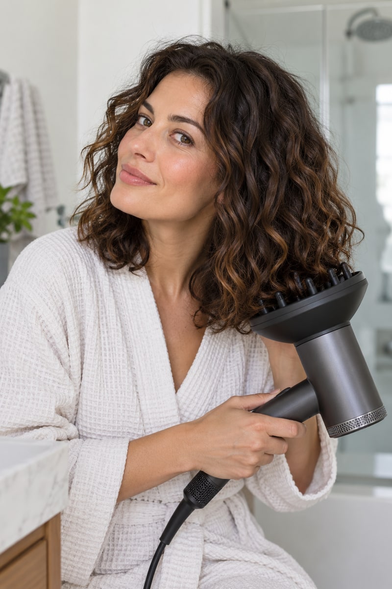Woman with defined shoulder-length natural waves holding a hair dryer with diffuser attachment