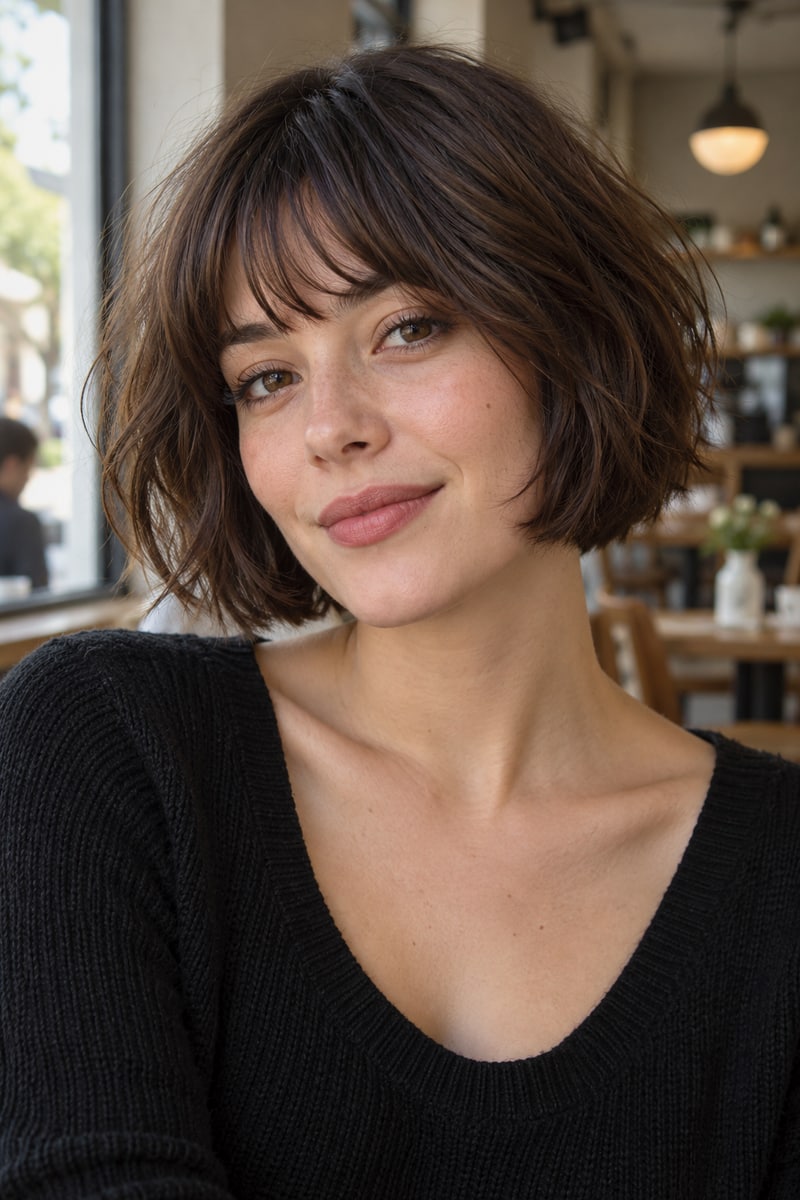 Woman with a chin-length tousled French bob and soft fringe in a cafe