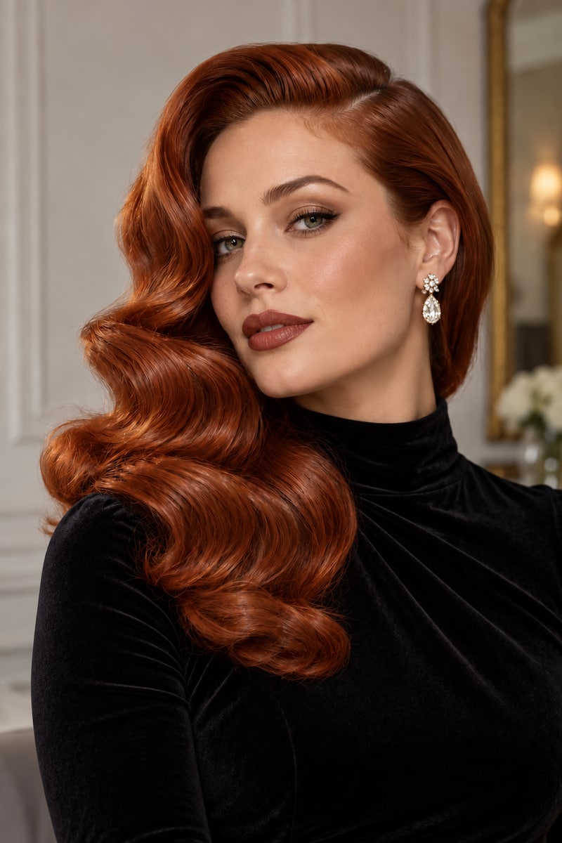 Woman with sculpted auburn Hollywood waves and a deep side part
