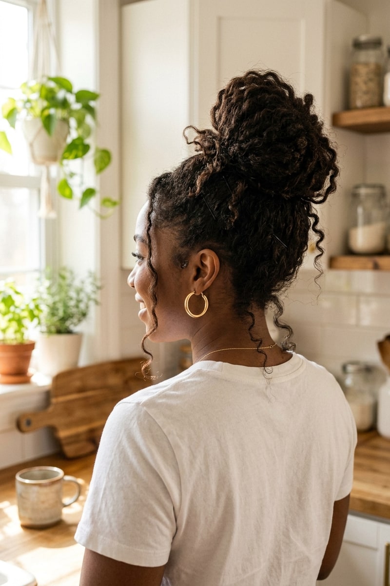 Woman with dark-brown textured hair in a high voluminous messy bun with loose soft tendrils