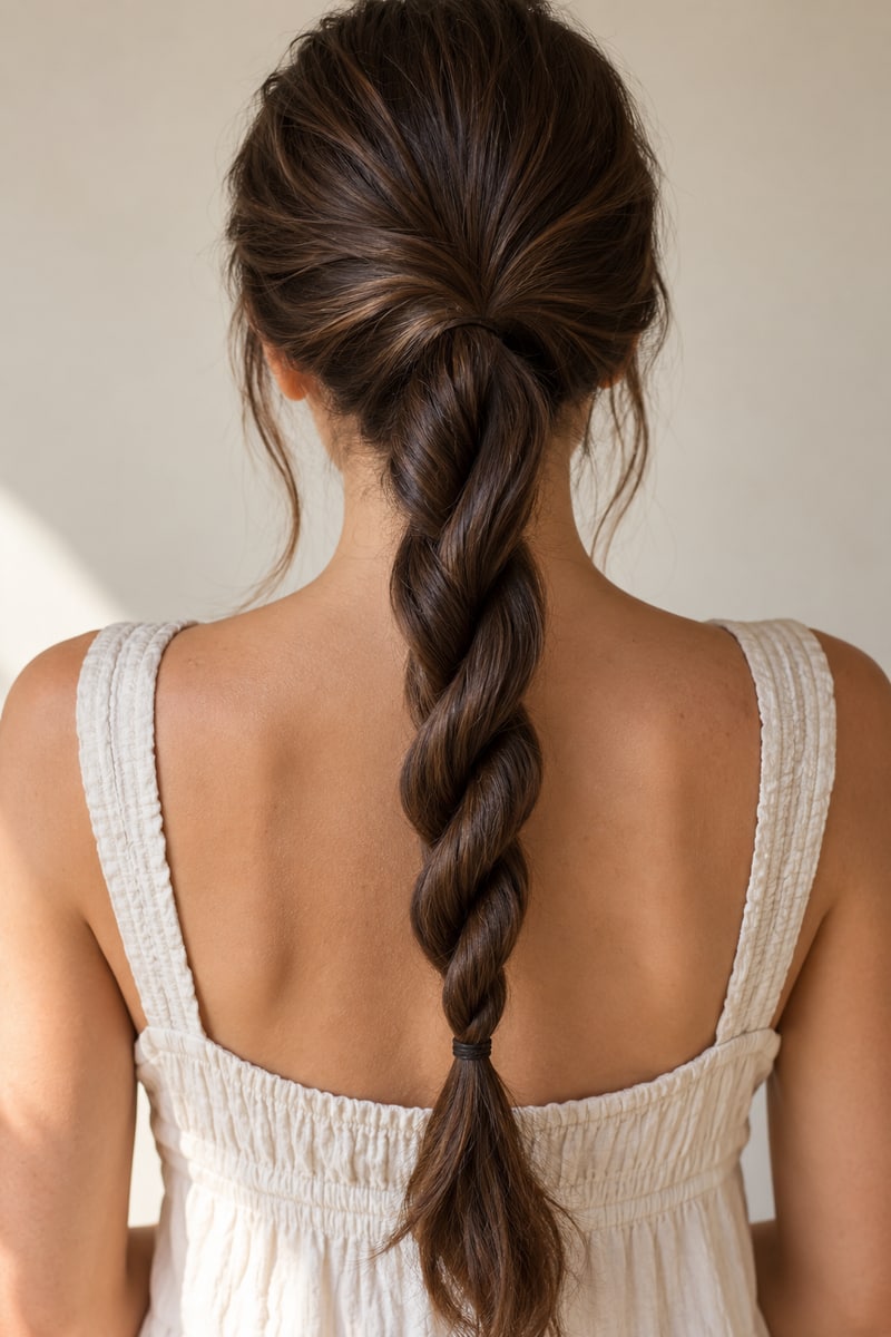 Long dark-brown ponytail woven into a two-strand spiral rope braid