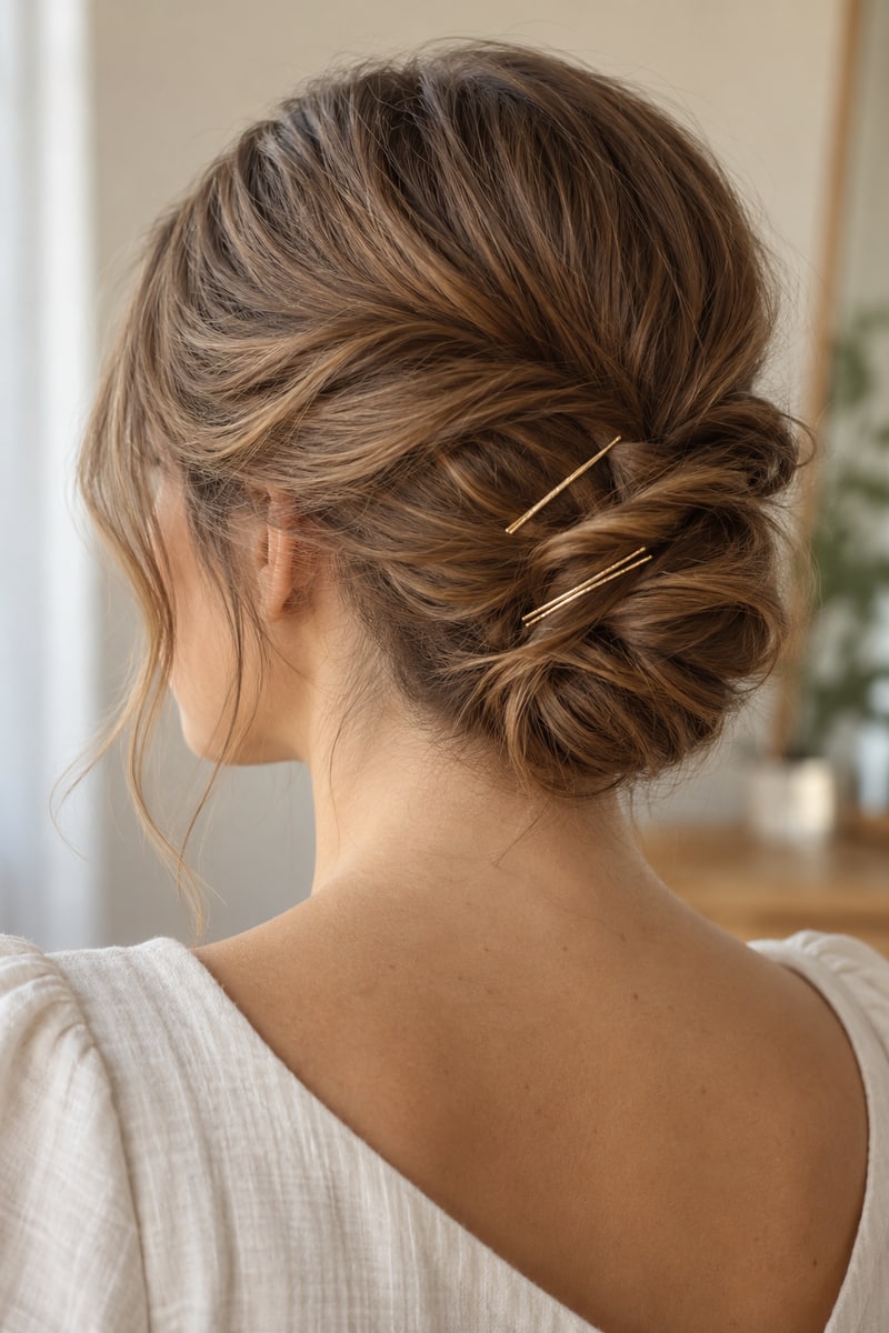 Low twisted updo in light-brown hair secured with visible gold bobby pins