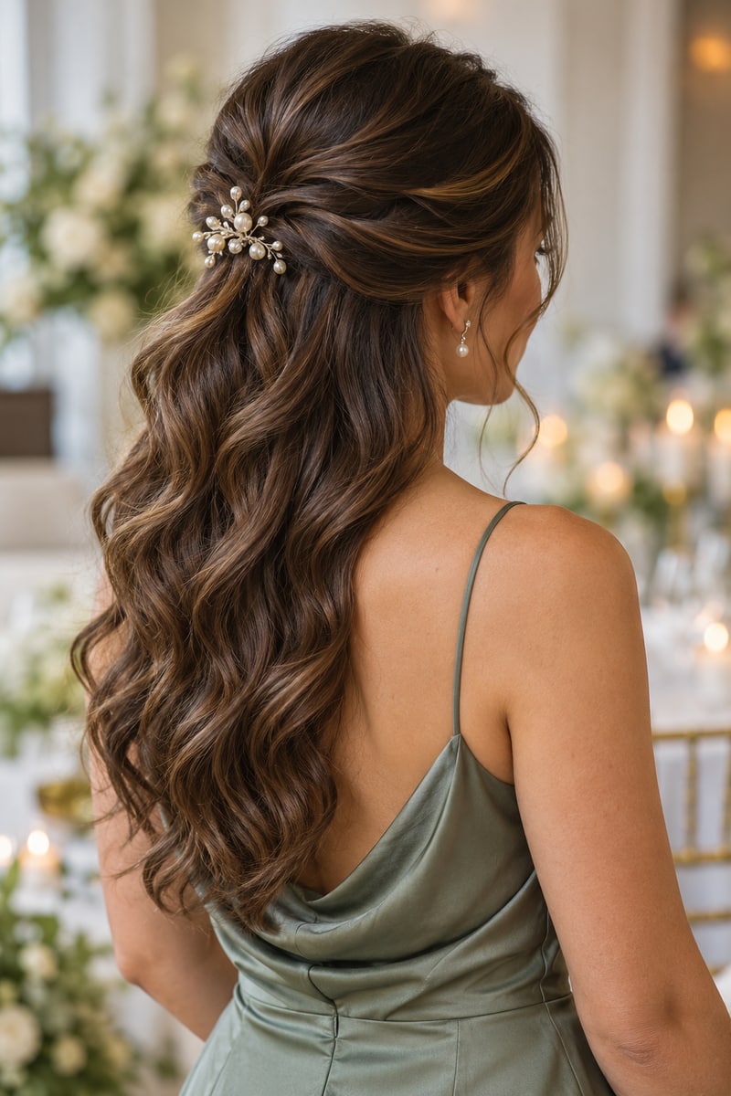 Wedding guest half-up hairstyle with long soft waves and a small pearl hair comb